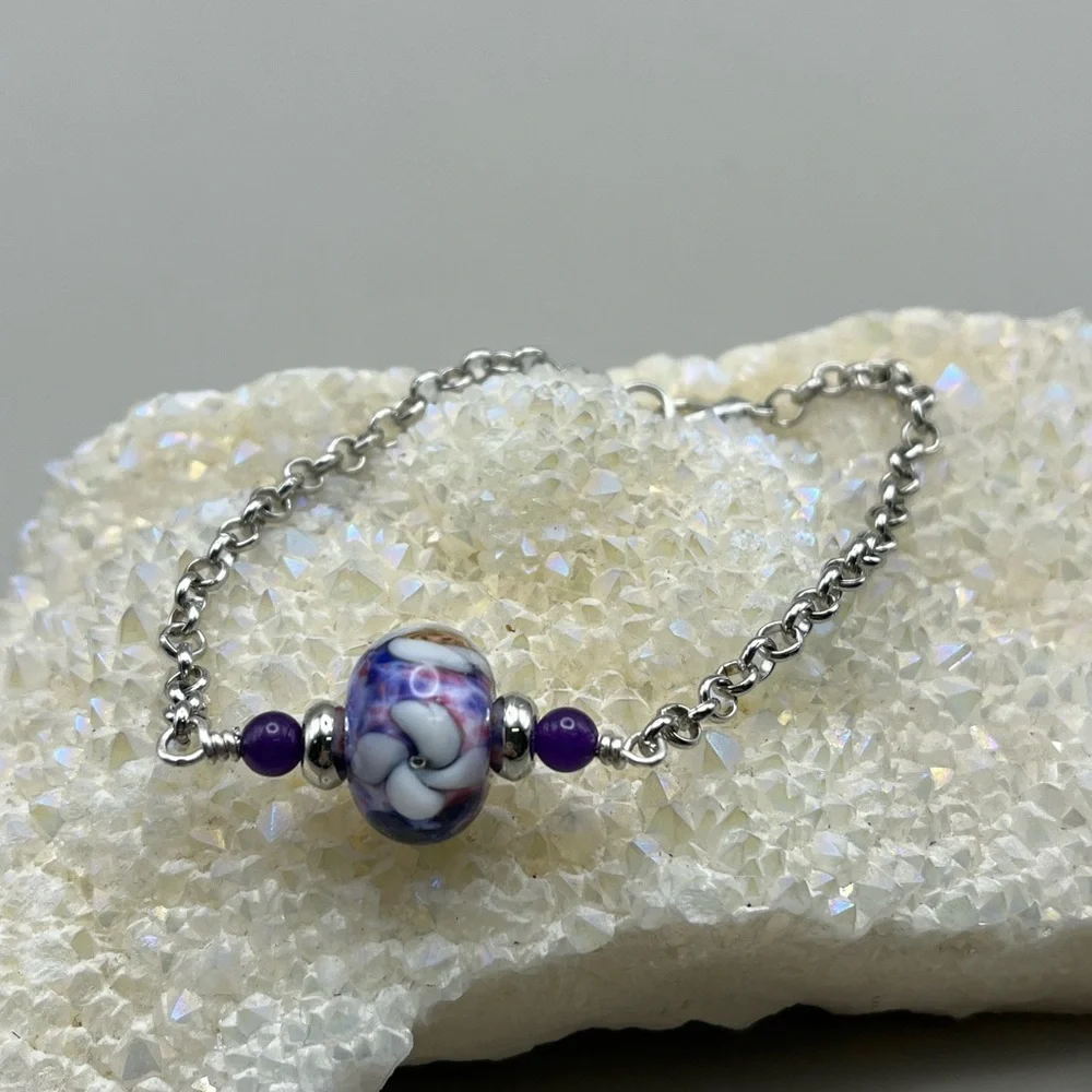 Silver and Purple Beaded Bracelet